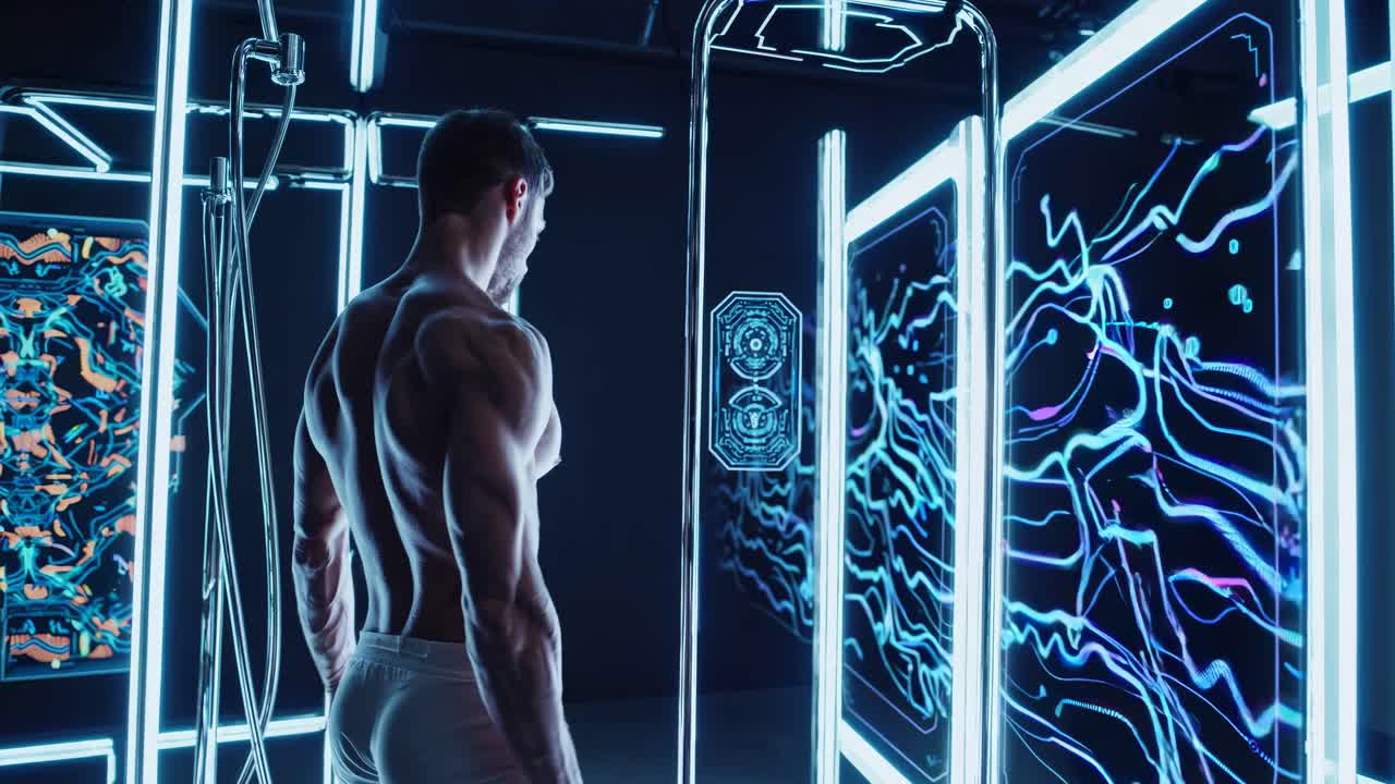 Uomo muscoloso con tecnologia doccia futuristica