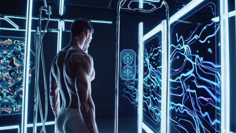 muscular man interacting with futuristic shower technology
