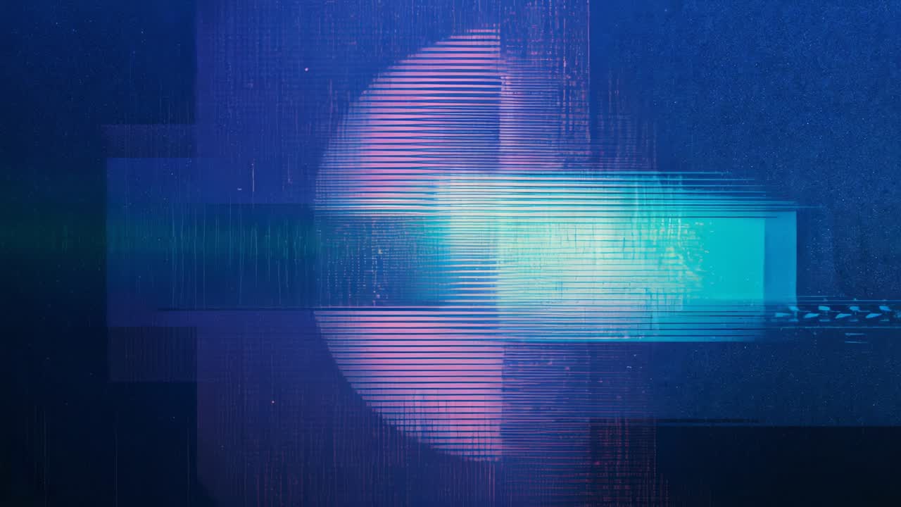 Extending cyan ribbon overlapping pink semicircle across digital backdrop, creating scanline glitch