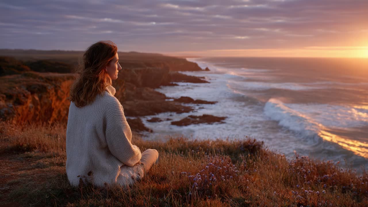 Contemplative Evening by the Sea: A Serene Moment of Reflection Amidst the Breathtaking Coastal Landscape at Sunset