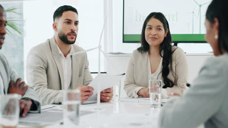 Wind-turbine,-meeting-and-group-in-office-planning