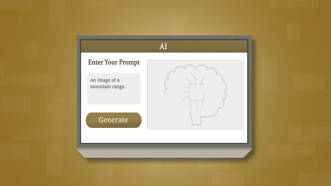 animación del cerebro con texto ai e imágenes de montañas sobre fondo marrón.
