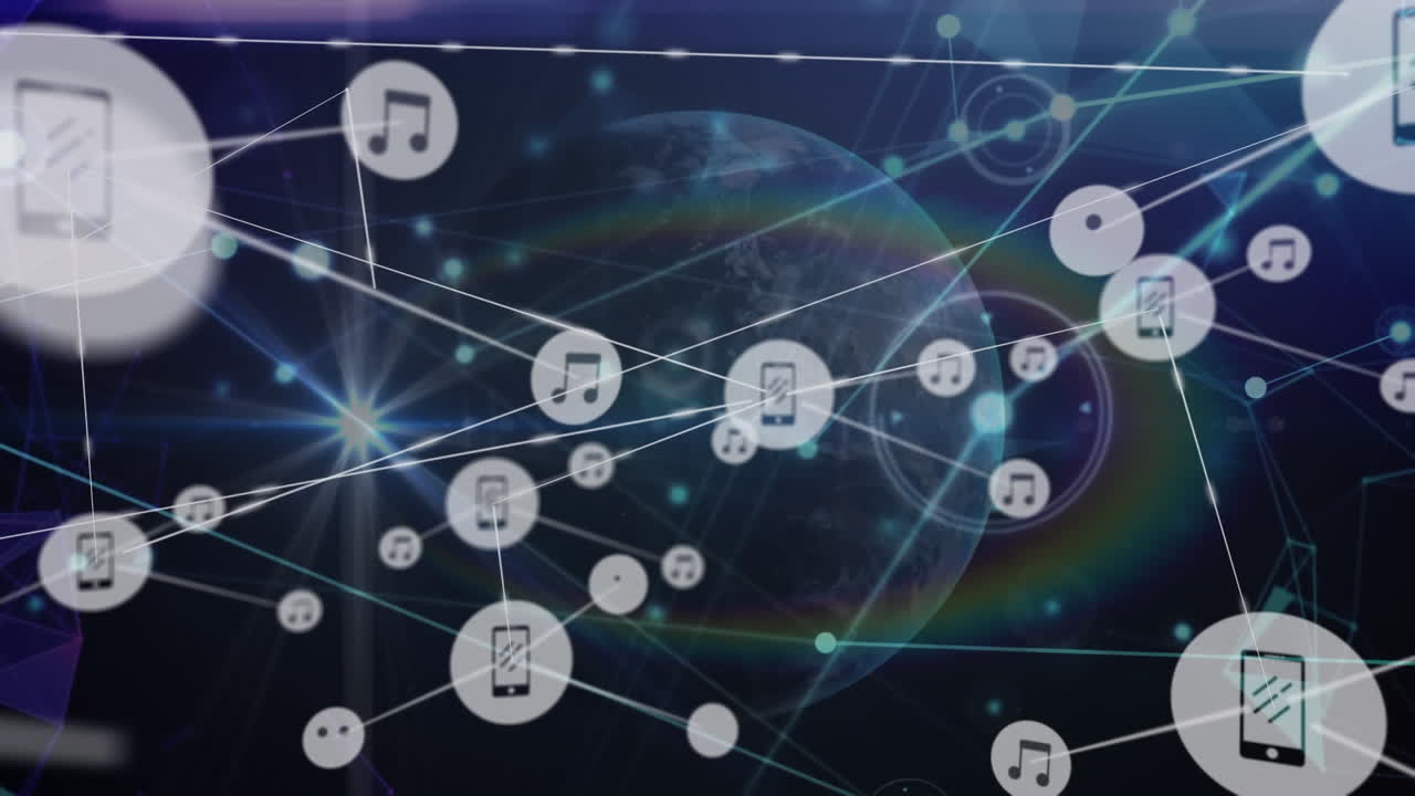 무지개 렌즈 플레어와 회전하는 지구에 대한 연결 네트워크와 디지털 아이콘의 애니메이션