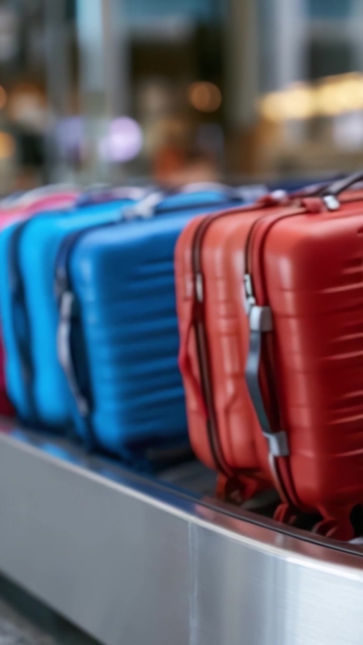 Una Vibrante Exhibición de Equipaje Colorido en una Cinta de Equipaje, Mostrando Variadas Texturas y Estilos para Viajeros en una Terminal de Aeropuerto