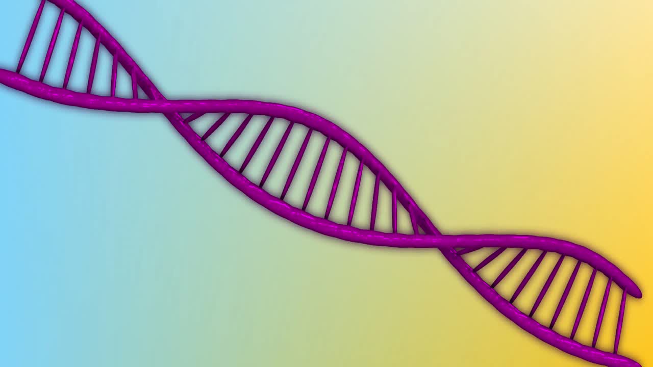 animación de una cadena de adn girando sobre un fondo azul y amarillo