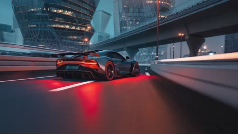 futuristic sports car driving through a city at night