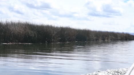 Beautiful-countryside-boat-canal-in-Netherlands,-traveling-on-board-of-moving-boat,-day