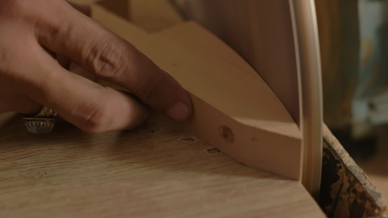 Closeup Of Wood Being Sanded On A Sanding Machine, Woodworking Shop Manufacturing