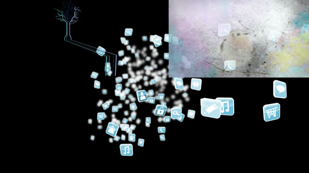 검은색 배경의 모양 위에 아이콘의 애니메이션