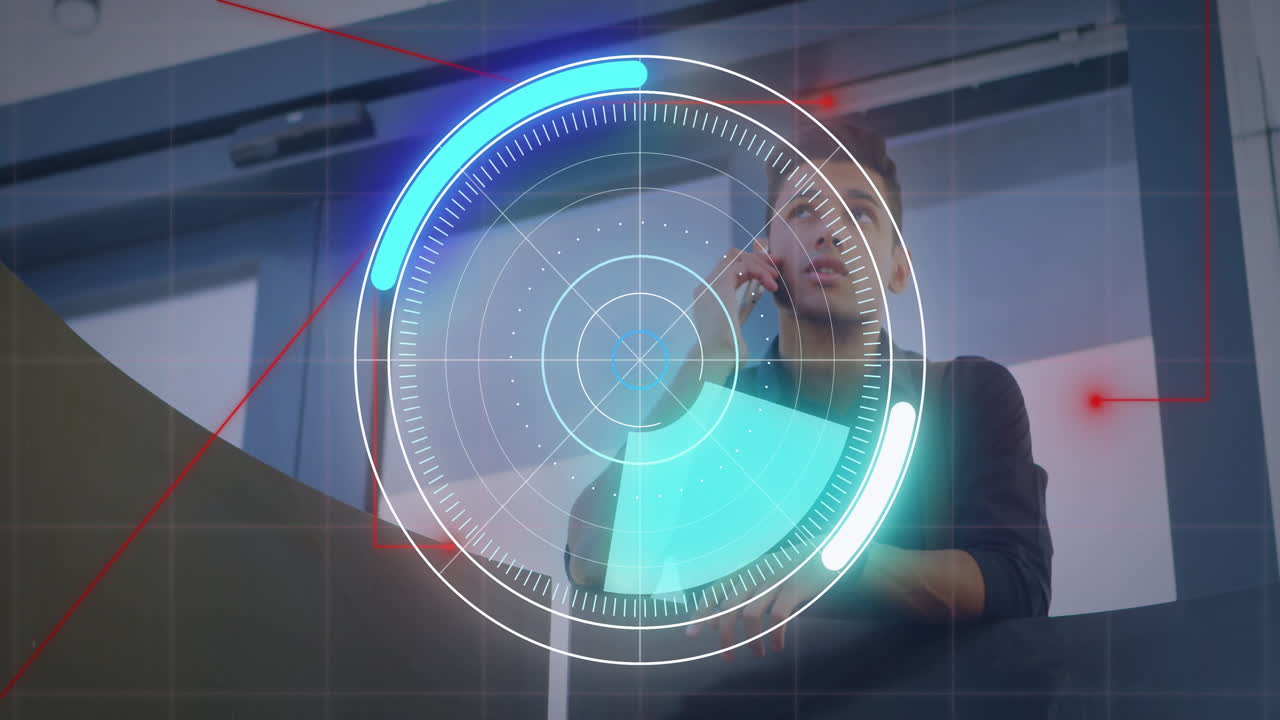 Man operating virtual holographic interface in modern office, showing finance charts over laptop