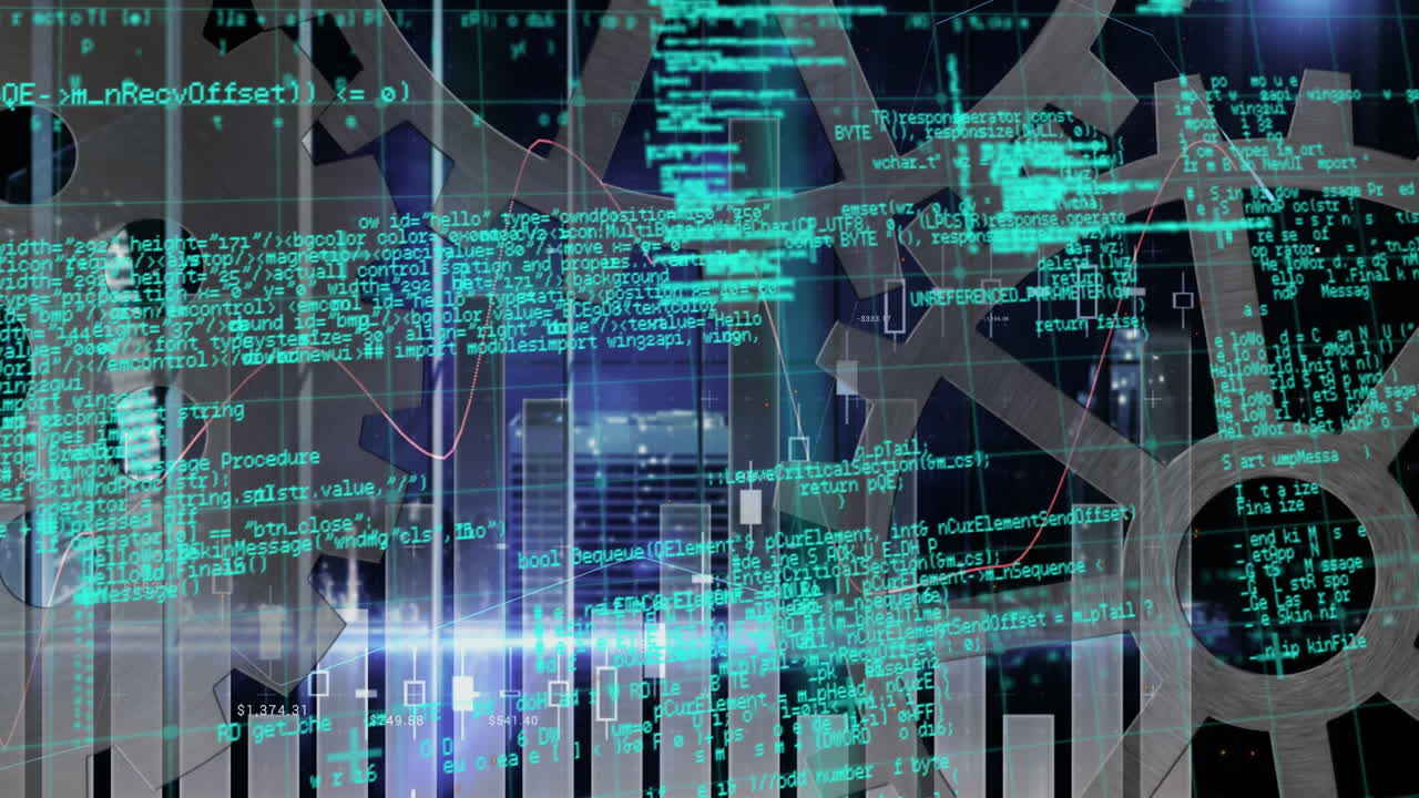 Financial data processing over multiple settings icons against blue background