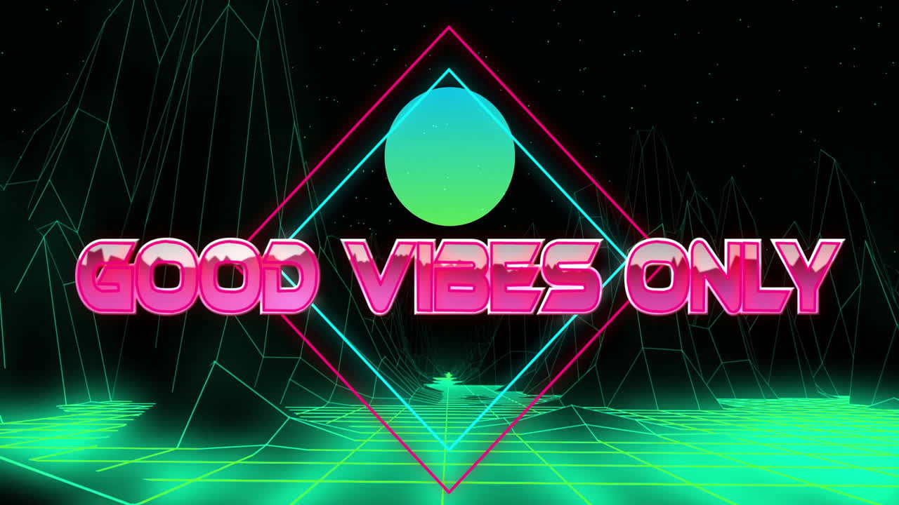 Retro-Neon-Animation mit „Nur gute Stimmung“-Text über digitalem Gitterhintergrund