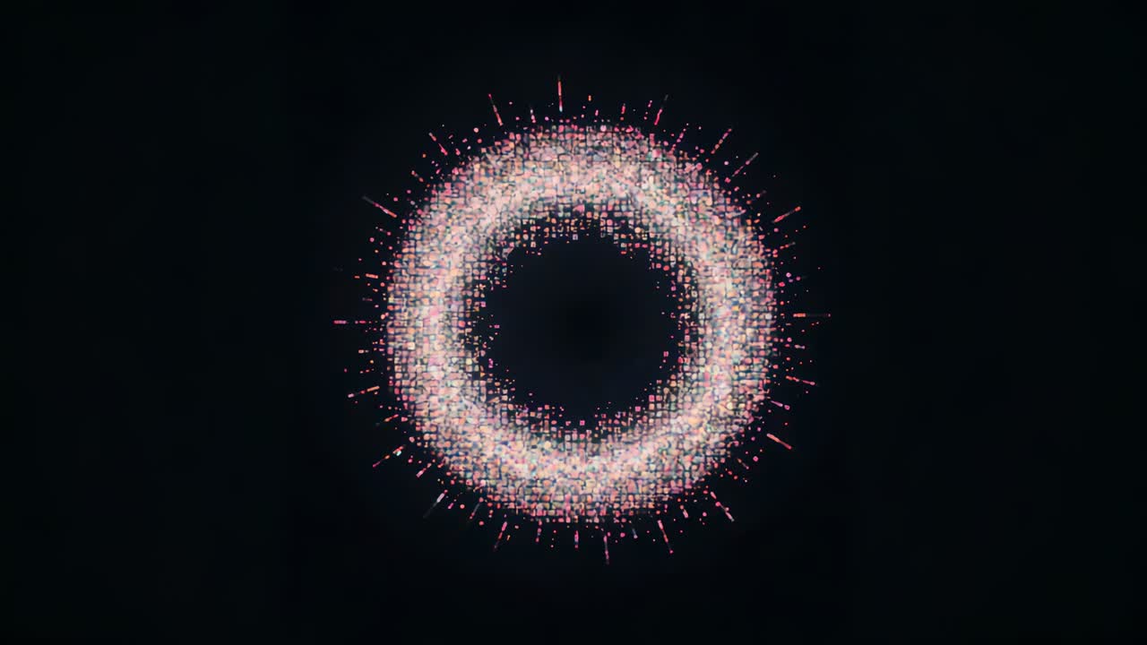 Frame progression driving glowing ring forming mosaic in dark field, showing spikes and void