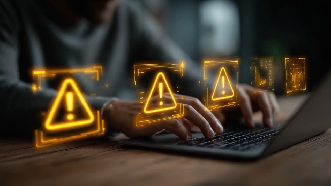 A User Engaged in a Digital Environment Faces Multiple Warning Alerts on a Laptop, Highlighting Themes of Cybersecurity, Awareness, and Precautions in Technology Usage