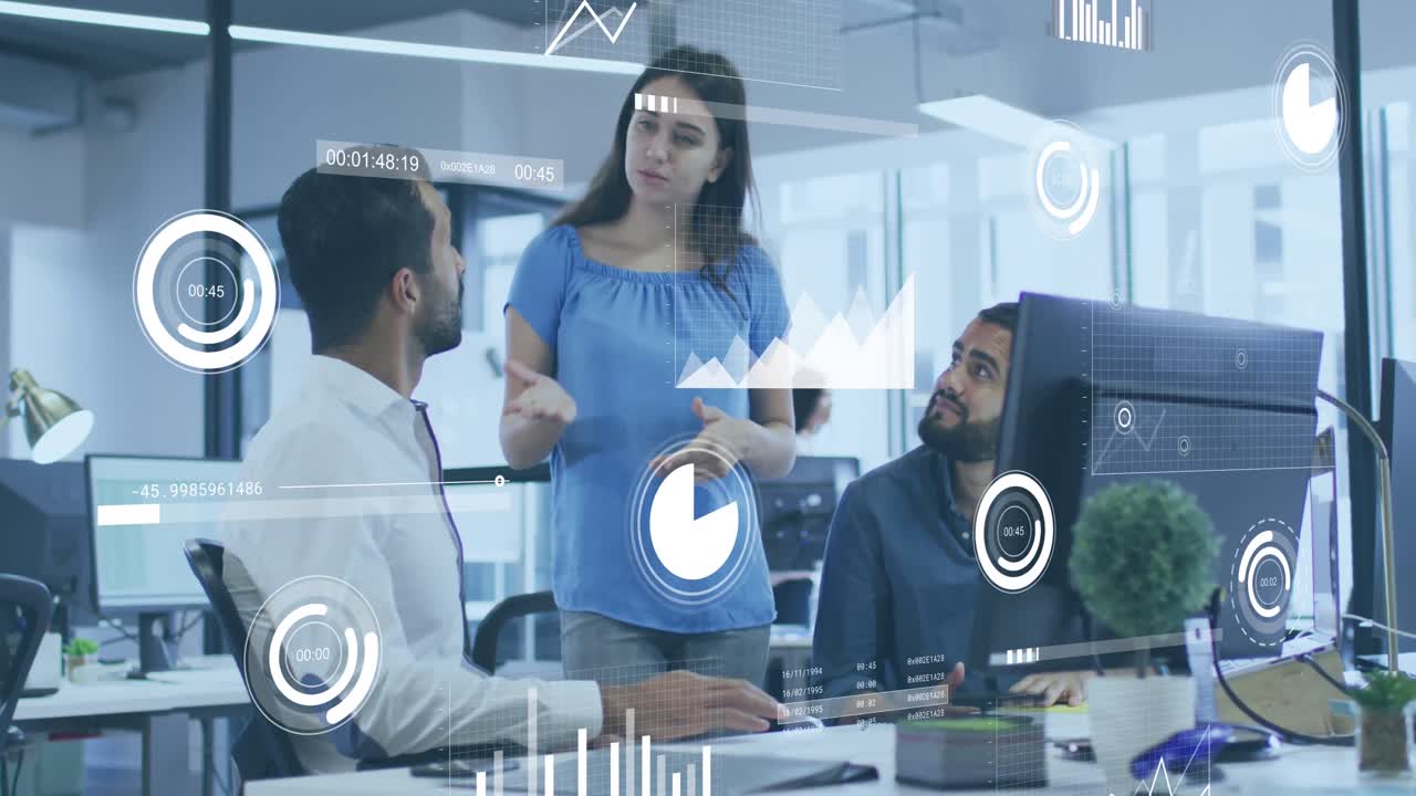 animación del procesamiento de datos sobre diversas personas de negocios en la oficina