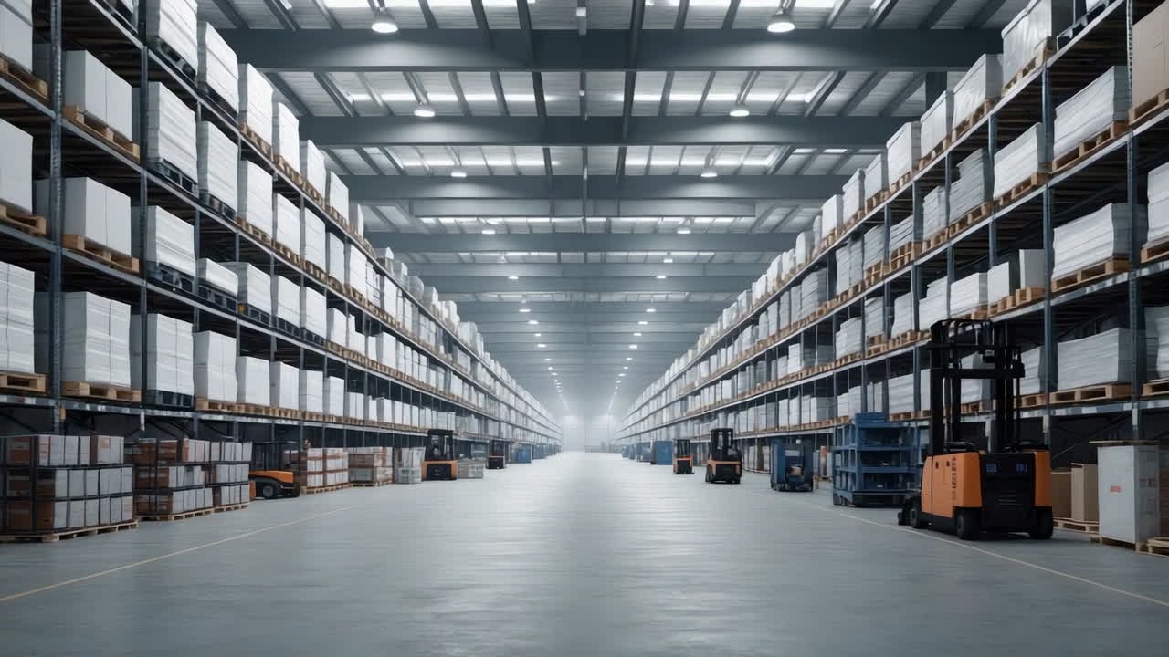 Large Industrial Warehouse with Rows of Shelves and Forklifts