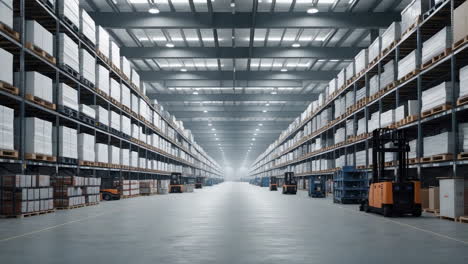 large industrial warehouse with rows of shelves and forklifts