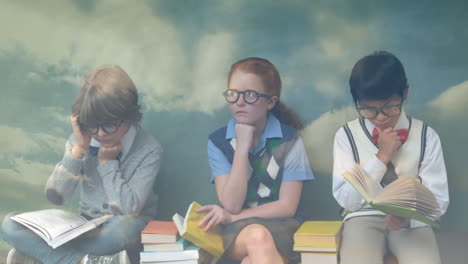 animación de nubes sobre diversos escolares leyendo libros