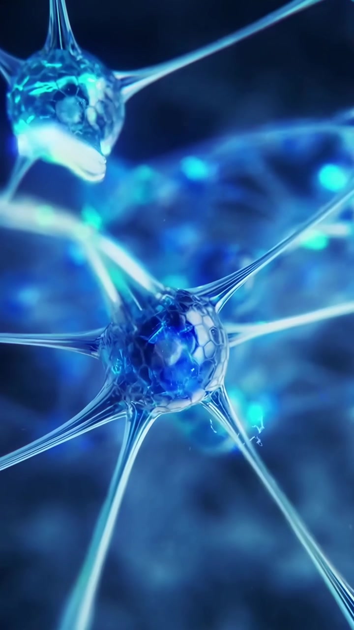Microscopic View of a Blue Neural Network with Glowing Signals