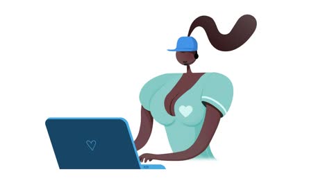 seamless loop. beautiful african girl with shaking boobs from support typing an answer. 8 different color variations.