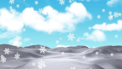 animation of snow falling over winter landscape and sky
