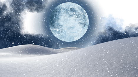 digital animation of snow falling over winter landscape against moon in night sky