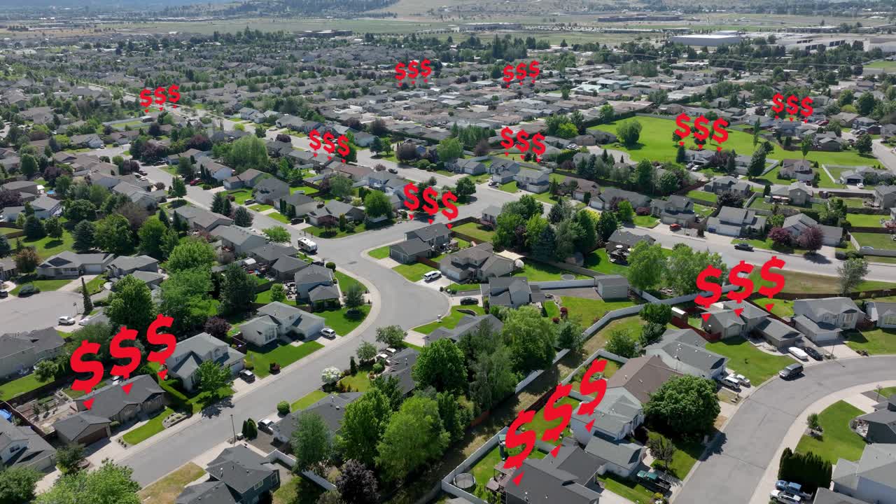 vista aérea de casas que pierden valor en un suburbio americano