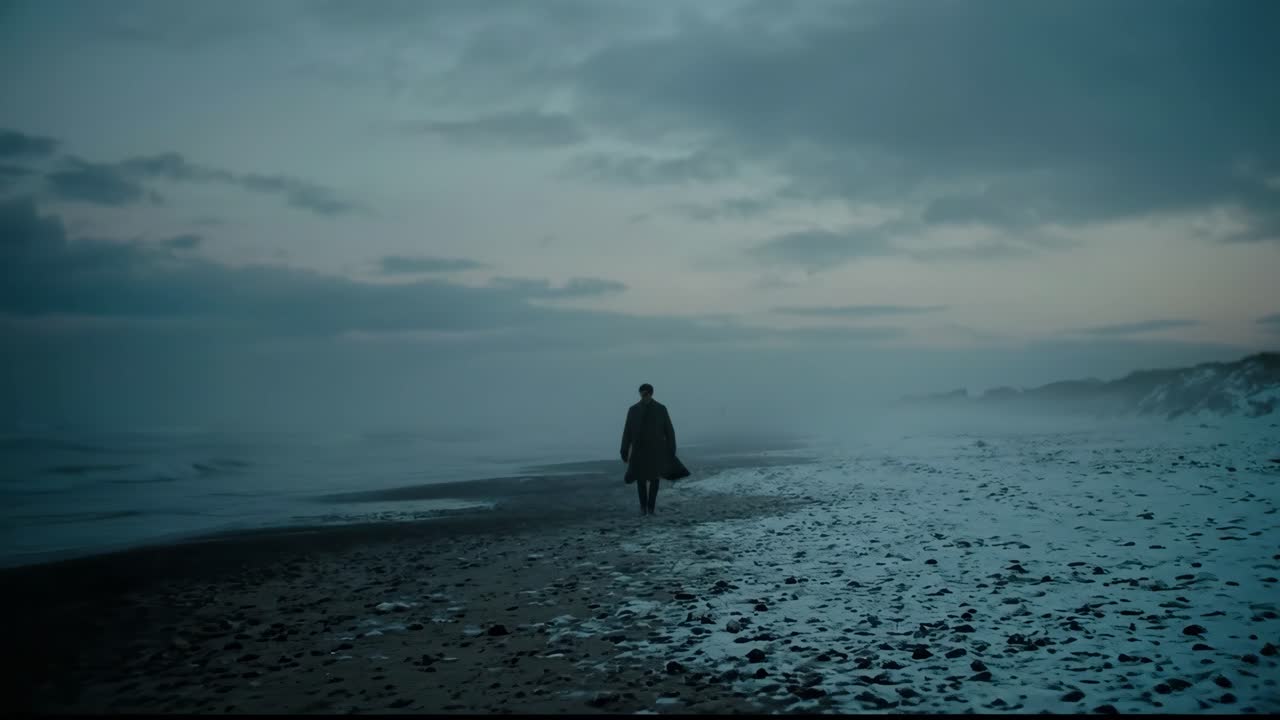 Lone Person Walking on a Snowy Beach in Misty Weather