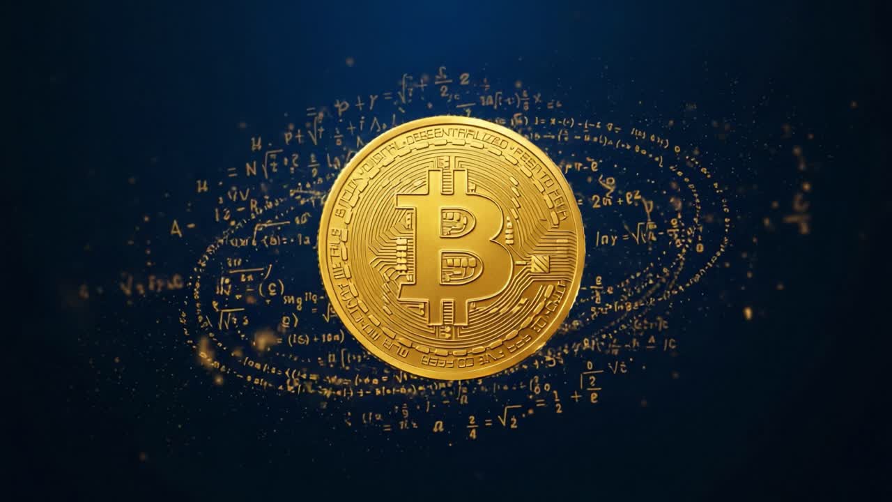 Exploring the Digital Currency Revolution: The Golden Bitcoin Surrounded by Cryptic Mathematical Symbols Representing Its Intricate Algorithms and Blockchain Technology