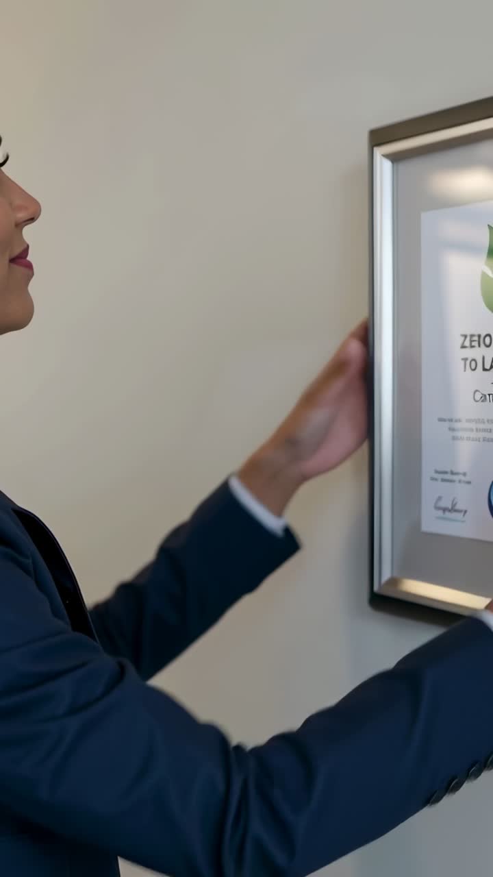 Video verticale: Cornice in mano, donna in tailleur blu scuro che appende un certificato al muro dell'ufficio che mostra "Rifiuti Zero".