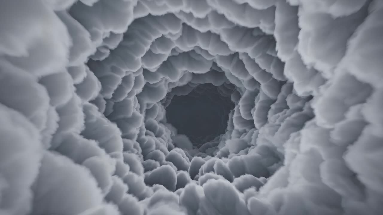 Swirling clouds create a mesmerizing tunnel effect, showcasing dynamic movement and depth in a captivating atmospheric scene