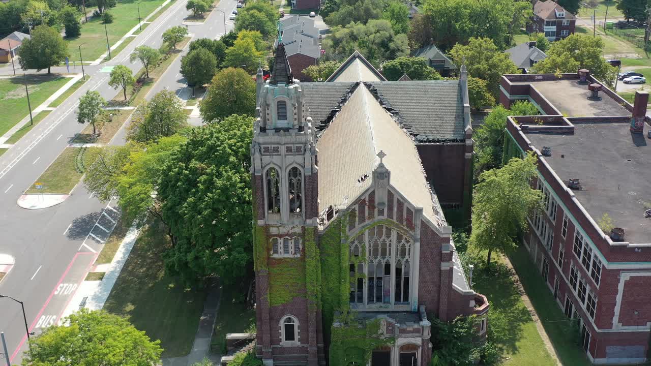 Abandoned Church in Detroit Michigan with Plants Growing over it