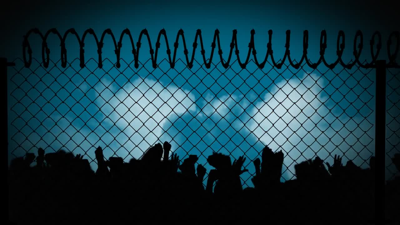 울타리와 구름 위에 손을 들어 올리는 애니메이션