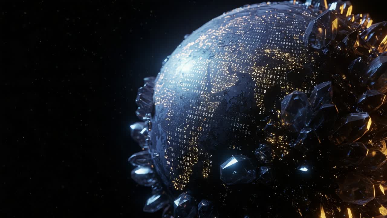 A Stunning Visualization of a Futuristic Globe Embedded with Crystals and Binary Code, Highlighting the Interconnectedness of the Digital World and Our Planet