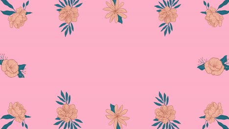 animación de enorme texto de venta en negro, sobre mancha azul y roja con flores en fondo rosa