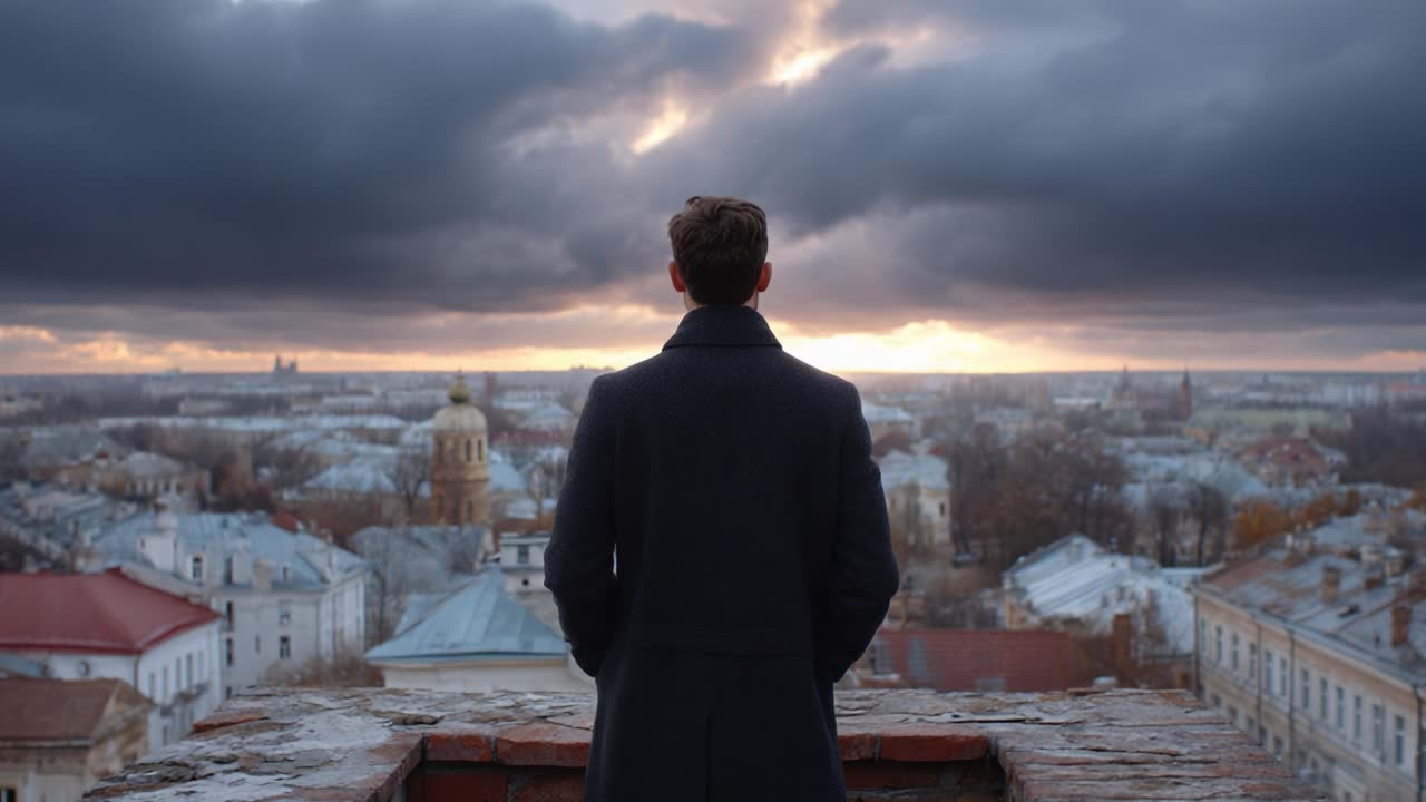 A solitary figure stands on a rooftop, gazing out over a sprawling cityscape as dramatic clouds and warm sunlight merge at the horizon, evoking contemplation and tranquility