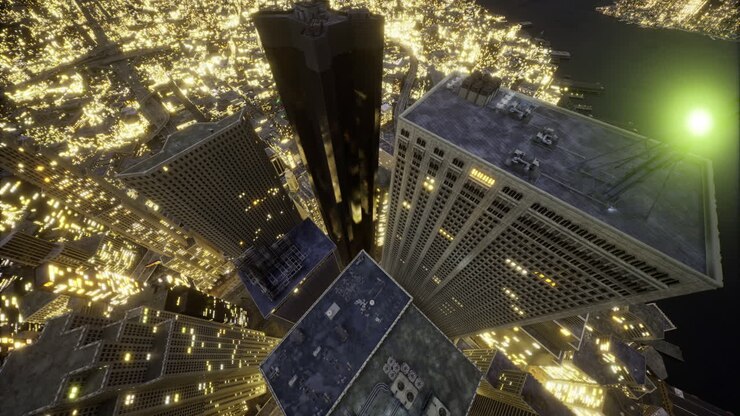 Skyline della città illuminato da luci dorate di notte che mostra la bellezza urbana