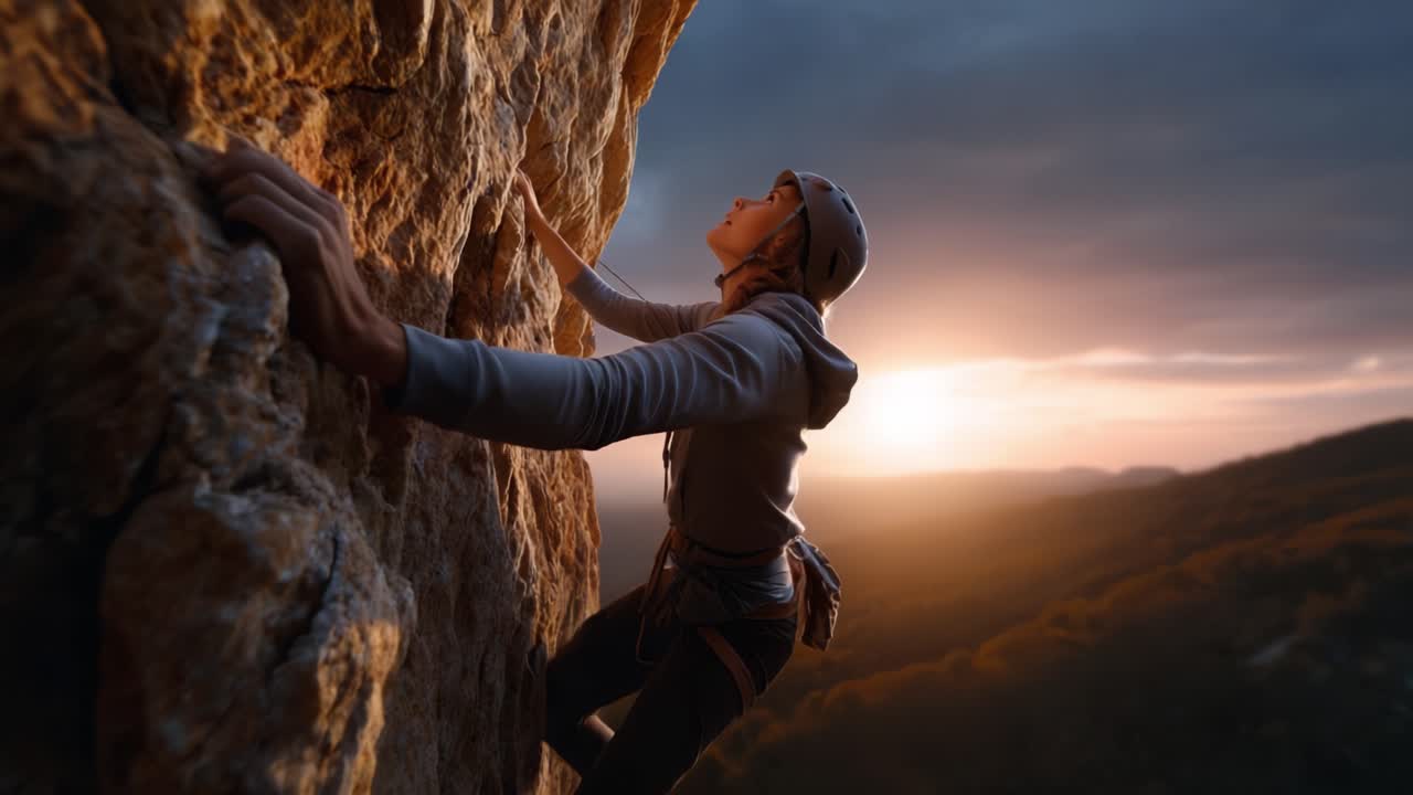 A Fearless Climber Ascends a Rocky Cliffside Against a Breathtaking Sunset, Showcasing Strength, Determination, and the Spirit of Adventure in Nature's Embrace