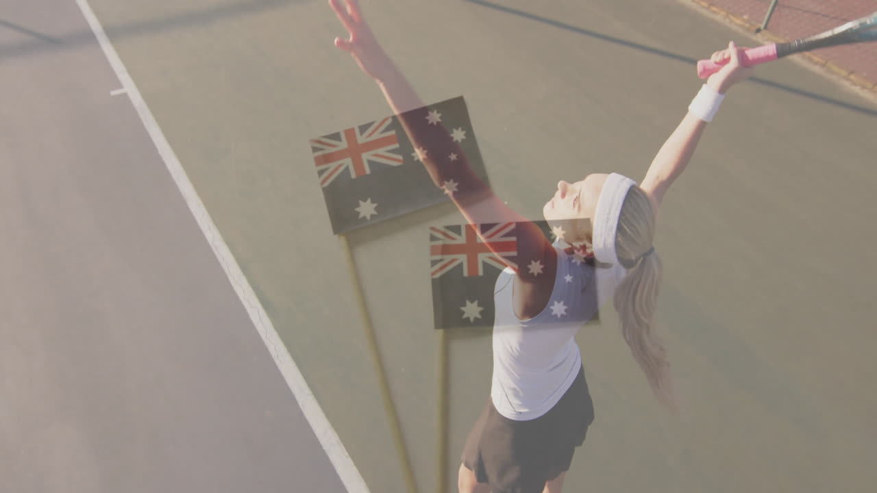 Female tennis player serving during golden hour, displaying animated Australian flags for business