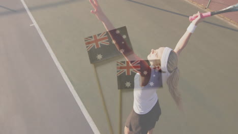 female tennis player serving during golden hour, displaying animated australian flags for business