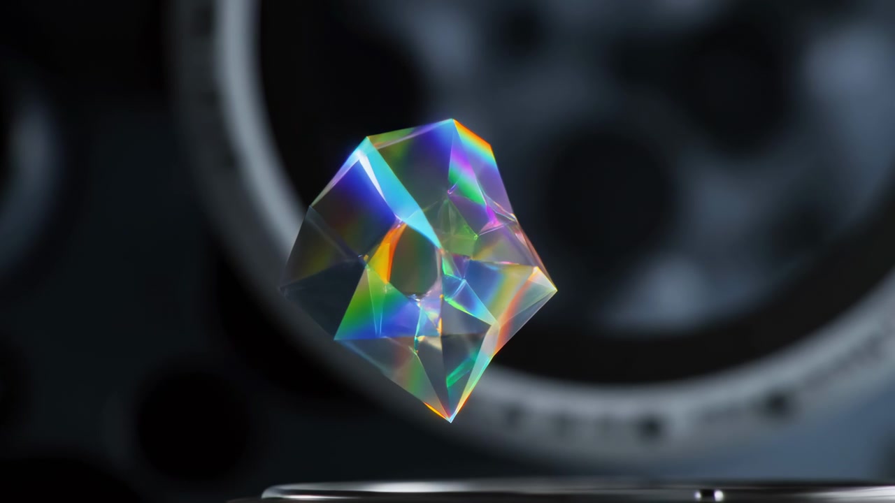 Prisma sfaccettato trasparente ruota lentamente mentre fluttua su una superficie lucida e riflettente in uno studio buio, rivelando facce mutevoli, riflessi nitidi, rifrazioni arcobaleno, bagliore specchiato, profondità sottile, e