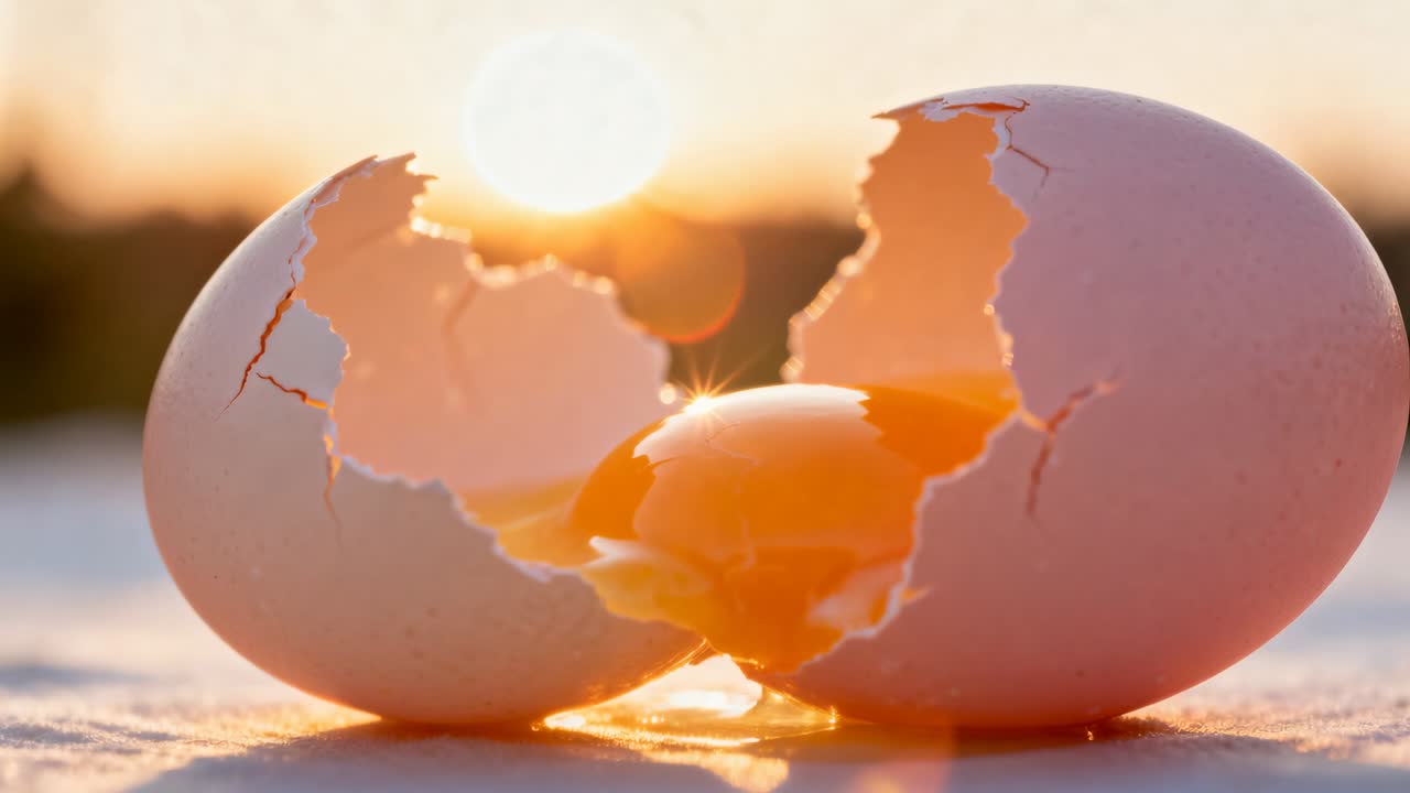 Warming sun bathing cracked egg, causing yolk bulging and streaming down into small pool on table