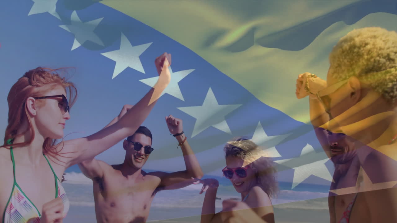 Dancing on beach, people with flag animation overlay in sunny weather