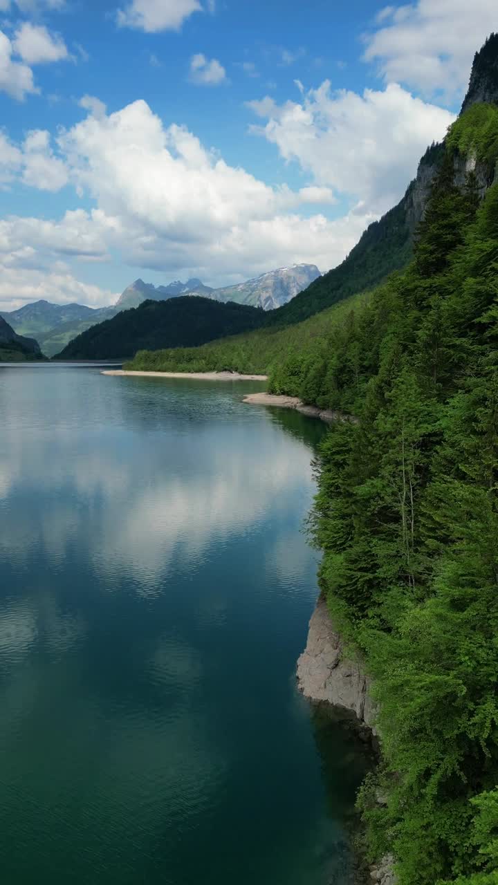 Stedsegrøn skov omkring Klöntalersee Klöntal søen i Schweiz. Vertikal dronevideo-reel.
