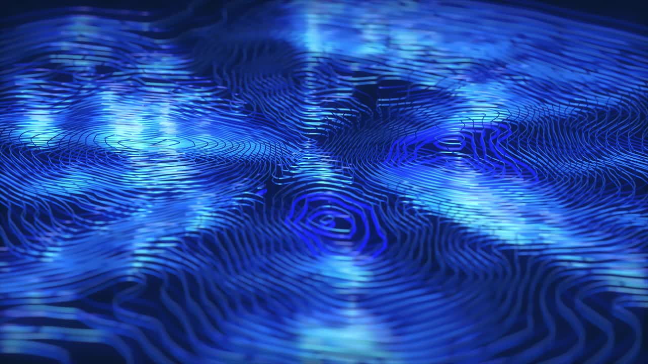 cables ondulados deformados de color azul con elementos brillantes en movimiento. profundidad de campo. animación de bucle de renderización 3d