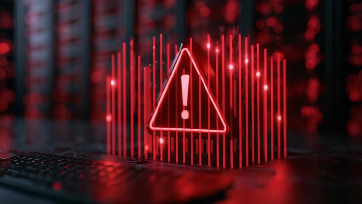 Allarme di avviso: Una vivida rappresentazione di un segnale di pericolo rosso circondato da effetti digitali disturbati, che simboleggia minacce alla cybersecurity e rischi per i dati.