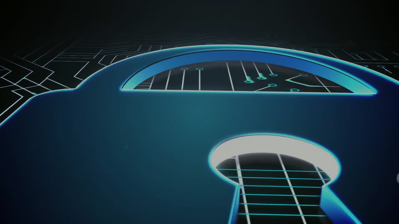 animación de un candado digital sobre una placa de circuitos informáticos