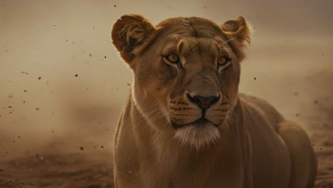 a captivating close-up of a majestic lioness in her natural habitat, highlighting her striking features and intense gaze amidst dusty surroundings