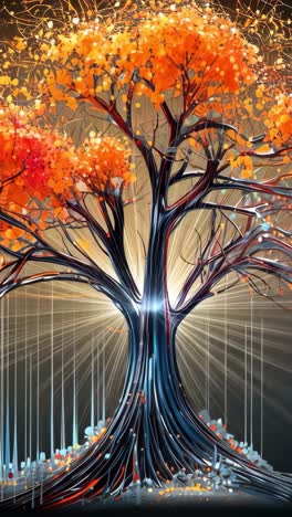 vibrant autumn tree with glowing orbs in an artistic night setting