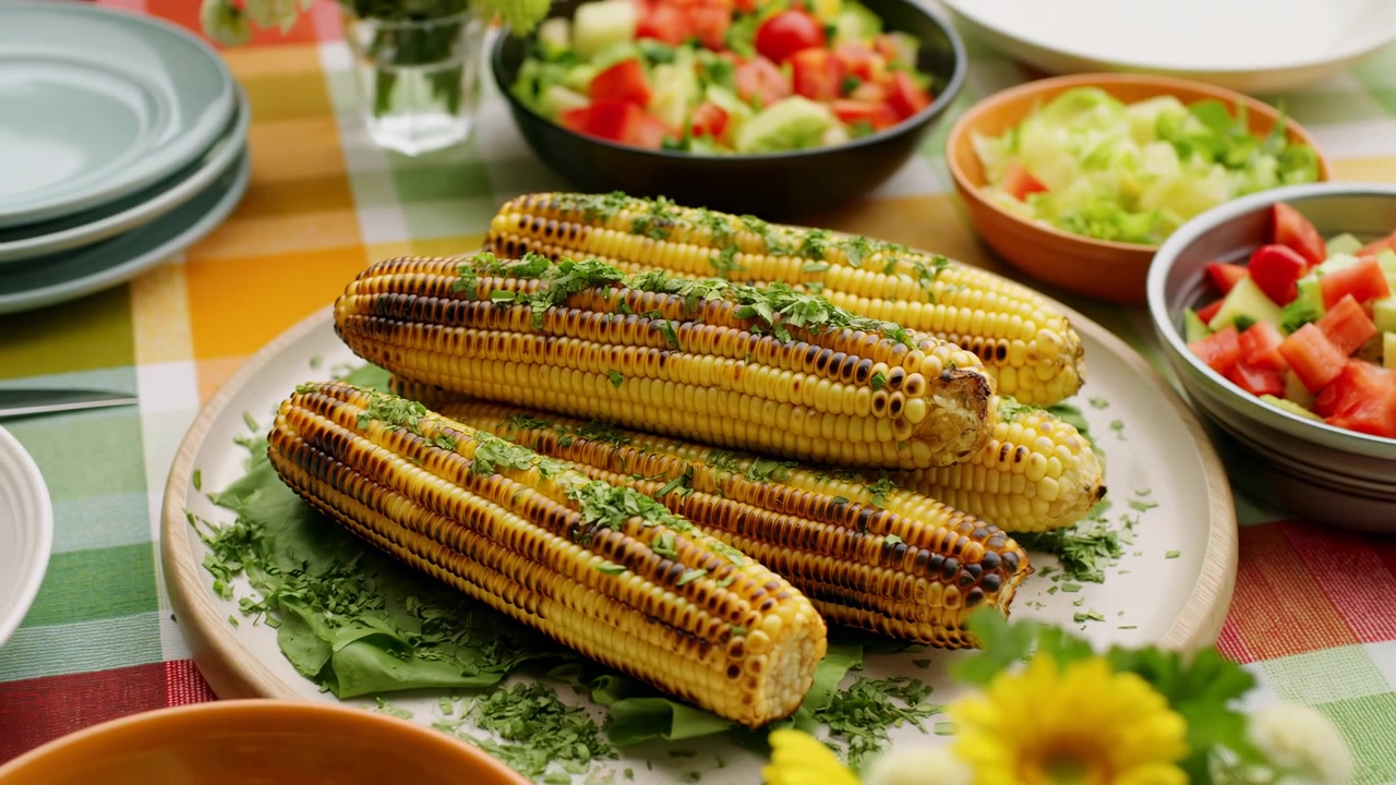 Close view shows several golden corn cobs with browned grill stripes and chopped green herbs, surrounded by bowls of tomato and cucumber salad, plates, flowers, and patterned cloth.